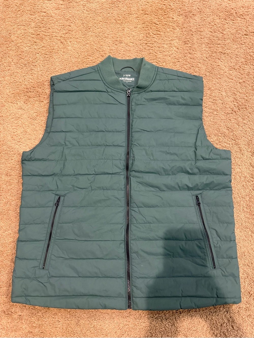 J.Crew Performance Vest Mens large Green Quilted Puffer Zip Pockets Lightweight